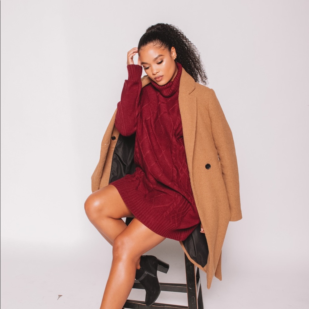 Burgundy Cable Knit Turtleneck Sweater Dress